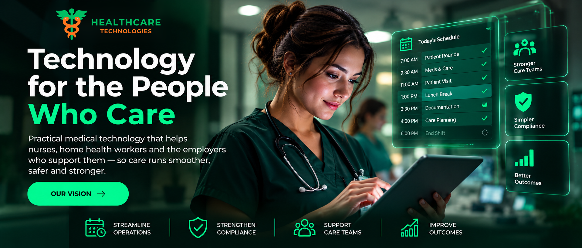 Healthcare Technologies. Technology for the People Who Care. Practical medical technology that helps nurses, home health workers and the employers who support them, so care runs smoother, safer and stronger. Streamline operations, strengthen compliance, support care teams, improve outcomes.
