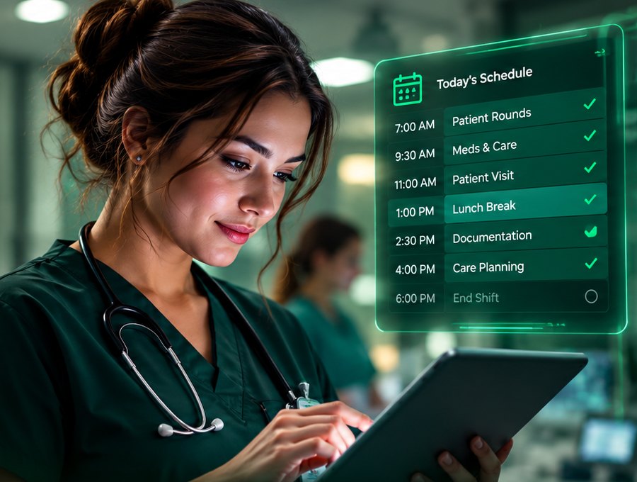 A nurse using a tablet, with schedule, team, compliance and records icons around her